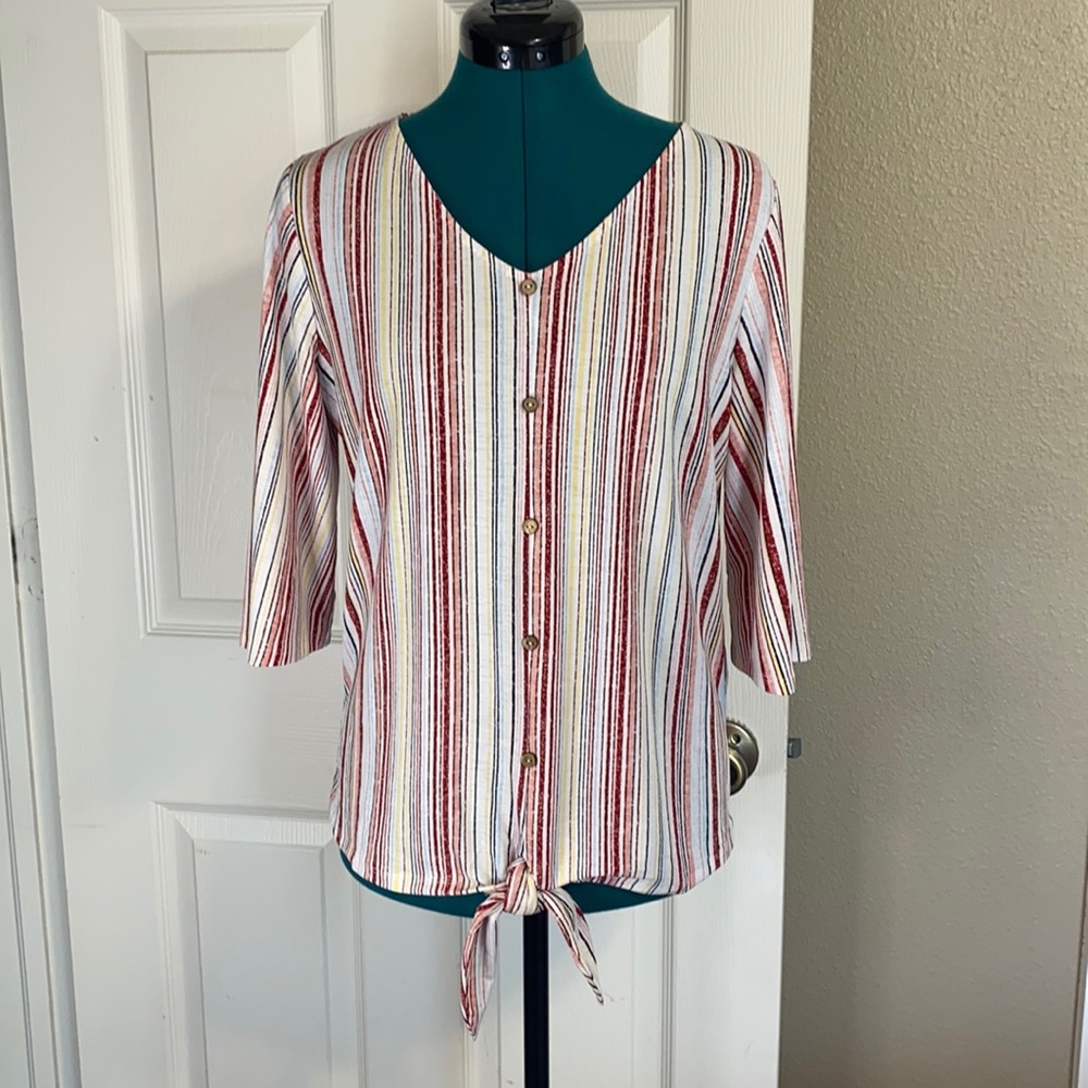 Late August, light jersey knit tie blouse. PM